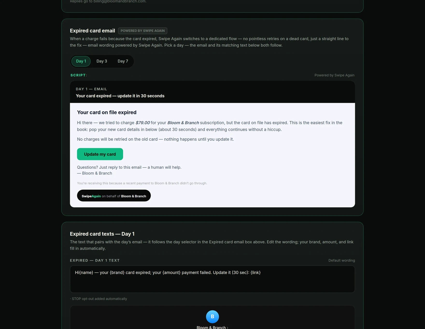 The expired-card flow in Recovery Settings — its dedicated email with the matching texts below (demo store shown)