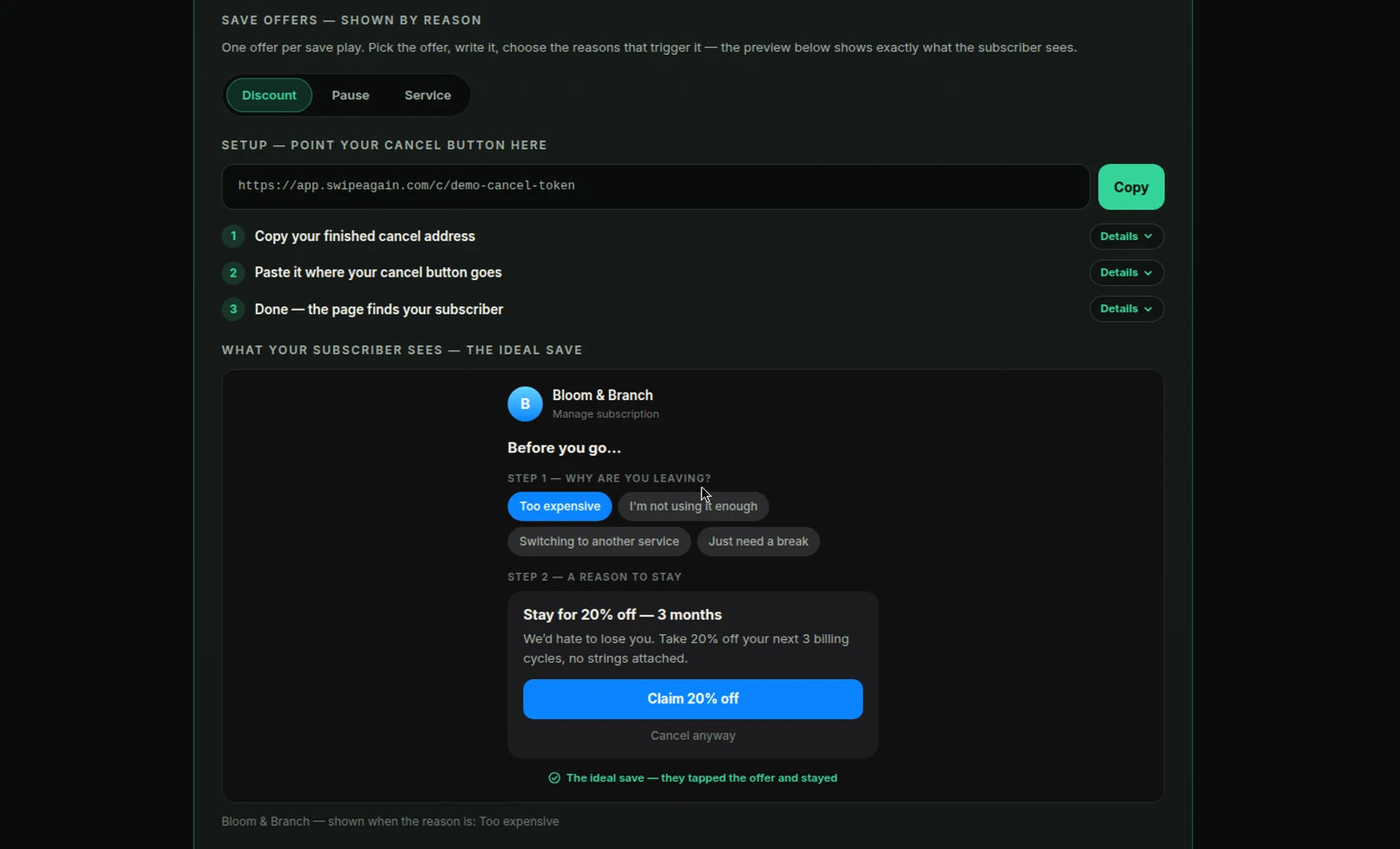 Cancel deflection setup — point your cancel button at your link and the save flow does the rest (demo store shown)