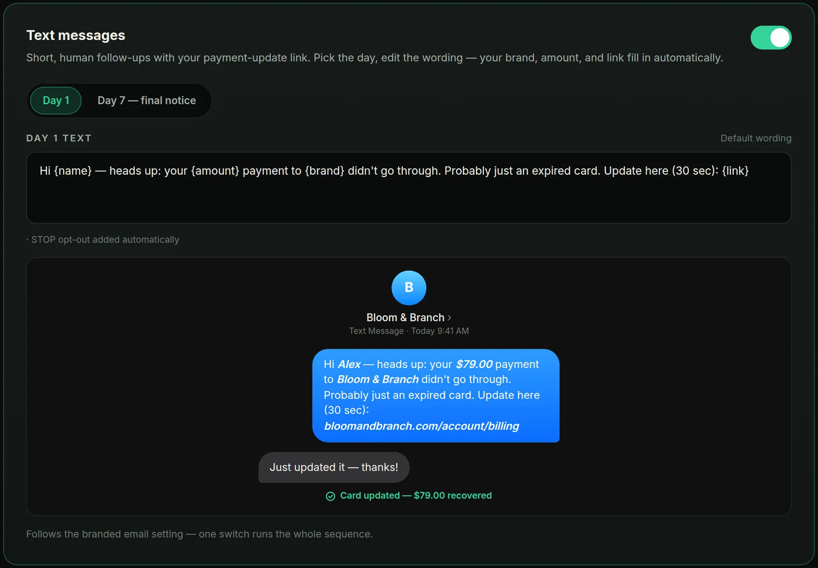 Text messages in Recovery Settings — edit the script, see the exact text your customer receives (demo store shown)