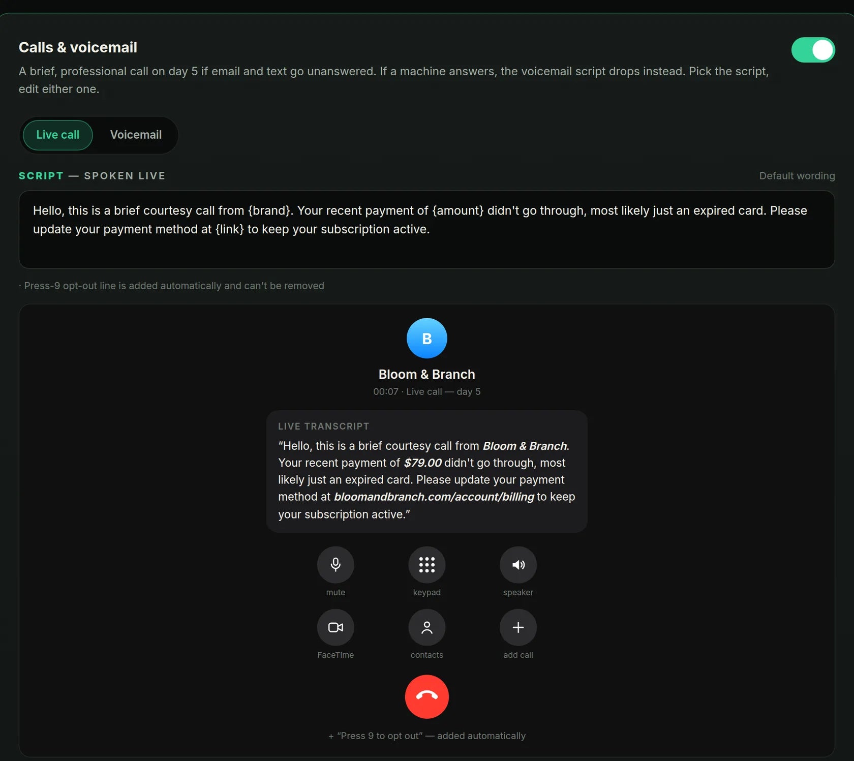 Calls and voicemail in Recovery Settings — the spoken script and the call screen your customer sees (demo store shown)